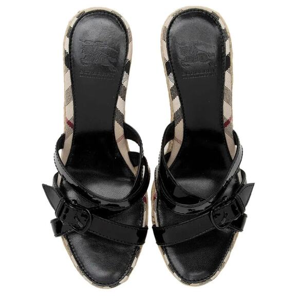 BURBERRY BLACK PATENT LEATHER CHECK LOGO SLIDE JUTE ESPADRILLE SANDALS 40 10 - Picture 2 of 14